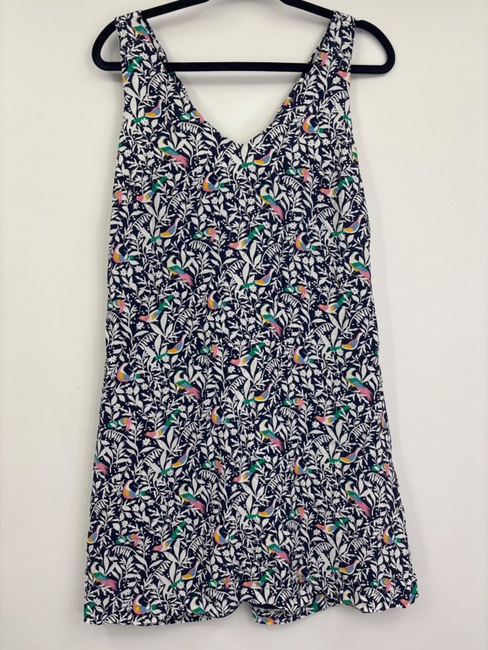 Loft Sleeveless Sun Shift Dress Bird Floral Print Blue Multicolor Size Large NEW